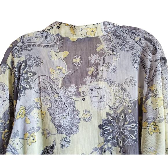 SUSAN GRAVER Women's L Tunic Blouse Semi Sheer Yellow Gray Pintuck Pleats 44" - Picture 6 of 7